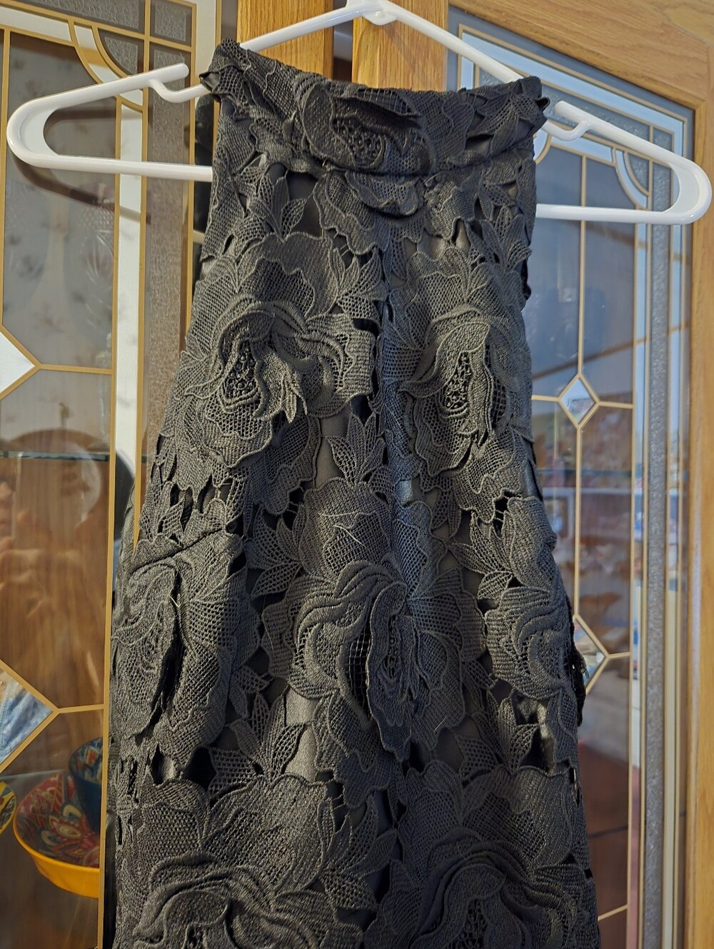 Strapless Black Floral Lace Evening Dress